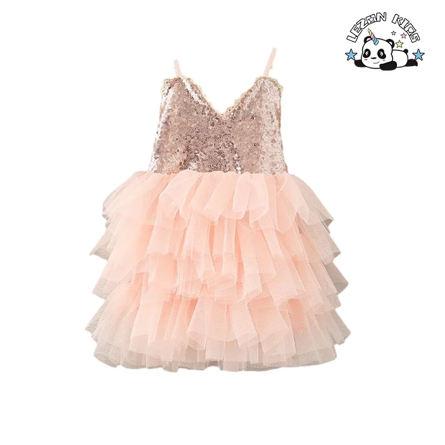 LEZONKIDS - Customized Logo Girl's Halter Cute Style Lace Sequin Dress For Summer